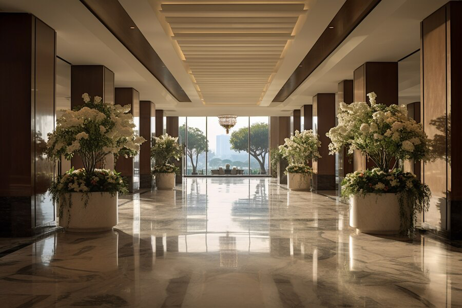 Step-by-Step Travertine Elegance: A Deep Dive into Honing and Polishing Methods - view-luxurious-hotel-interior-space