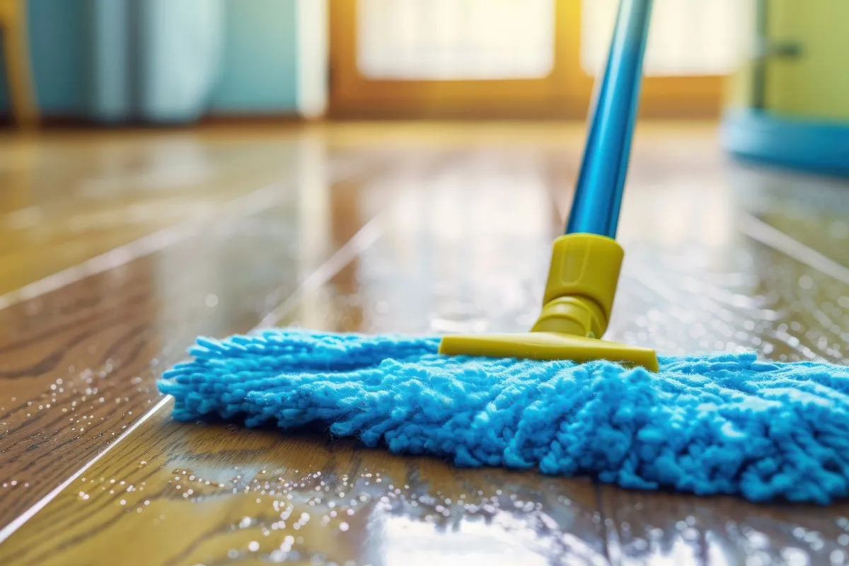 A person cleaning a hardwood floor with a mop and bucket, illustrating floor care techniques.
